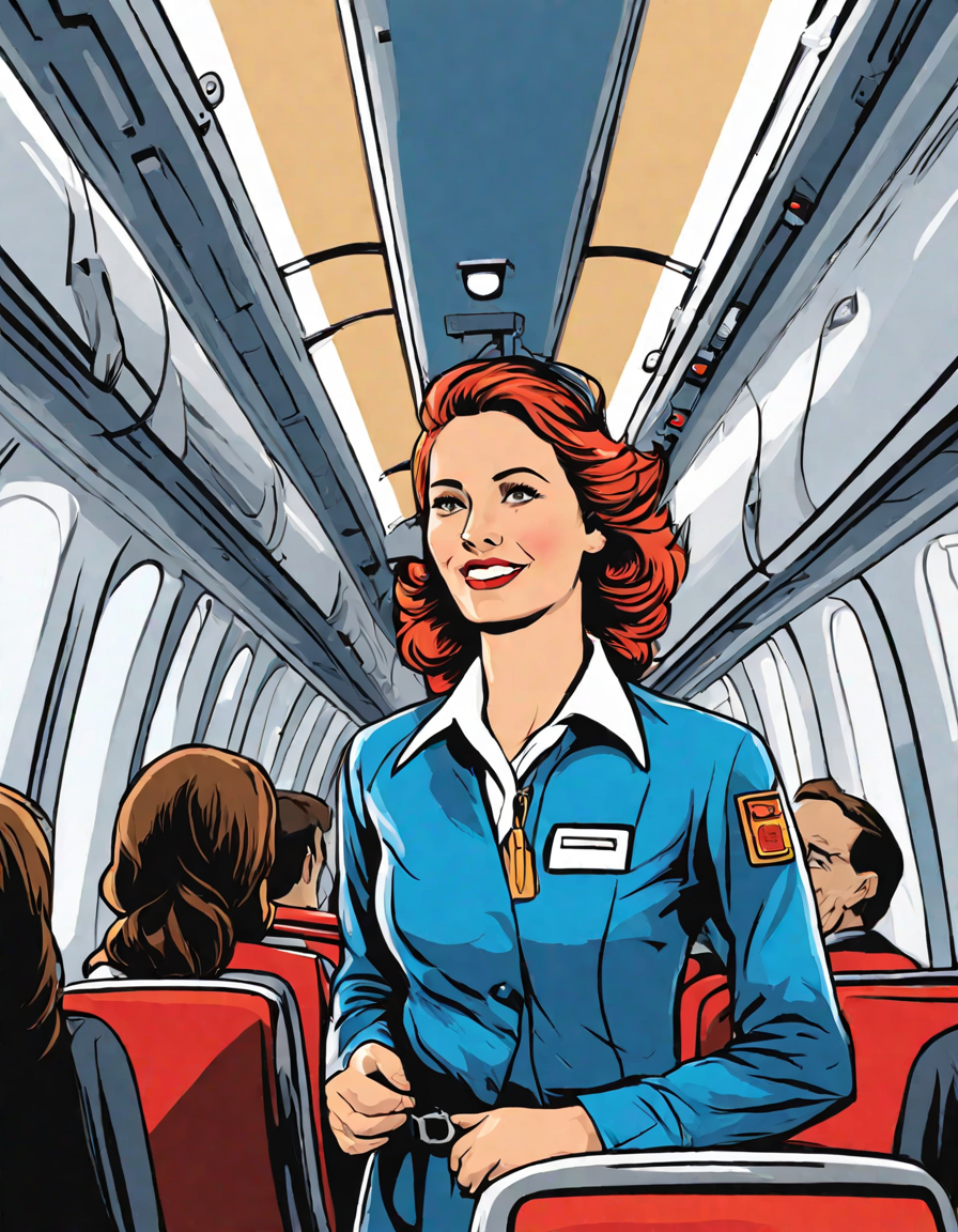 Coloring book image of flight attendants preparing for takeoff in an airplane cabin, engaging passengers in color