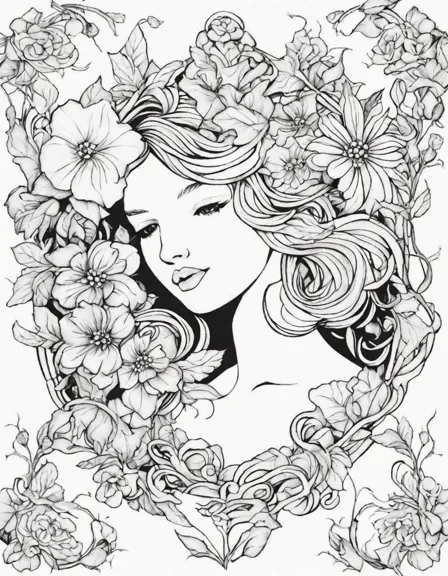 floral art nouveau coloring page with intricate patterns and botanical motifs in color
