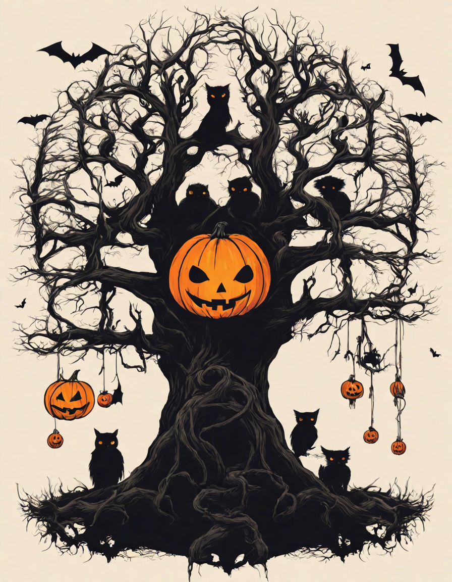 treehouse on halloween night coloring page with jack-o'-lantern, ghosts, and owls in color