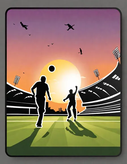 coloring page of a sunset-lit cricket field with players in action and a stadium background in color