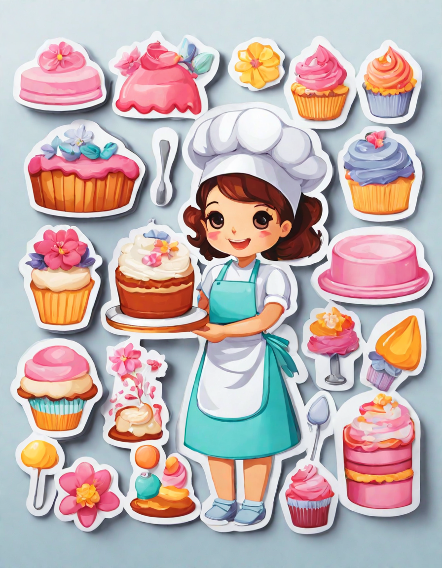 coloring book page of a baker decorating desserts in a kitchen filled with baking tools in color