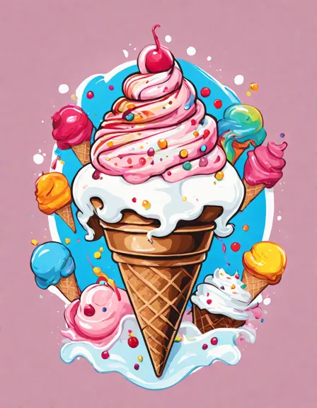 Coloring book image of towering sundae in a cone adorned with rainbow-colored scoops of ice cream, chocolate drizzle, and whipped cream, surrounded by dancing colorful sprinkles in color