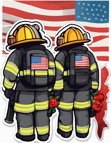 coloring page of firefighters paying respects to fallen comrades with a memorial and american flag in the background in color