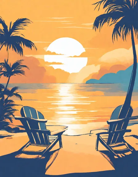 tropical beach coloring page at sunset with palm trees, calm sea, and beach chair, capturing the beauty and serenity of dusk in color