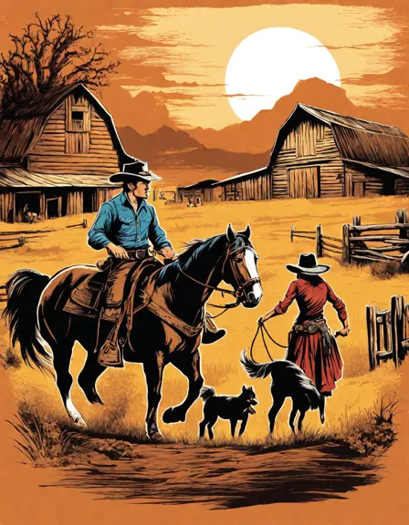 coloring book page featuring a cowboy and cowgirl tending horses on a wild west farm in color