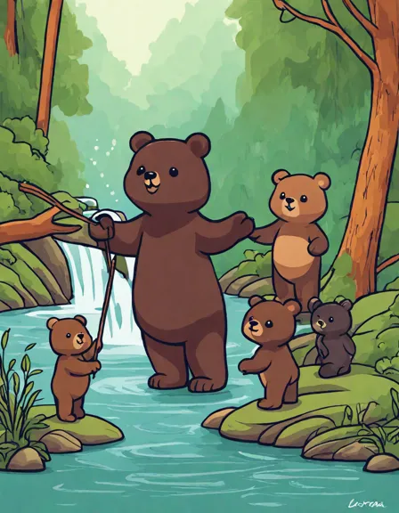 coloring book image of bear family by stream, eldest cub fishing under parent's watch in color