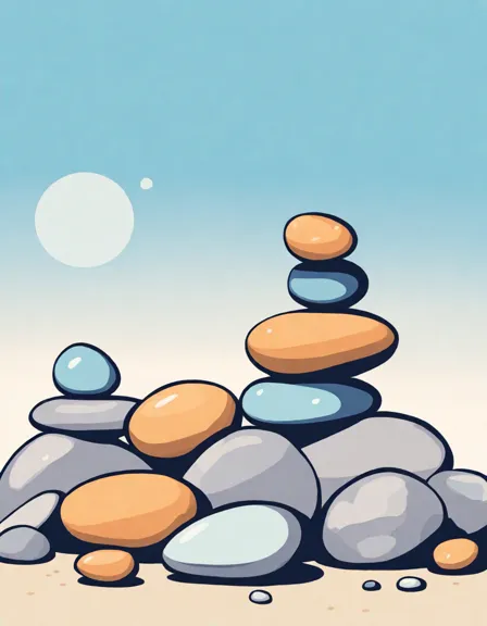tranquil coloring page with balanced stack of smooth stones, serene waves, and clear sky for a peaceful coloring experience in color