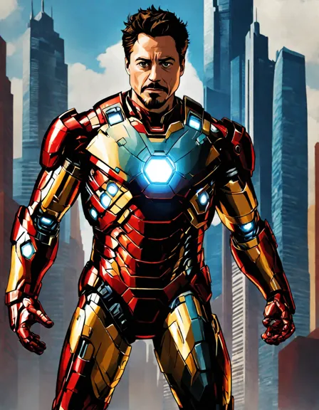 Coloring book image of tony stark, marvel's iconic iron man, poses triumphantly amid skyscrapers, his armor gleaming red and gold in color