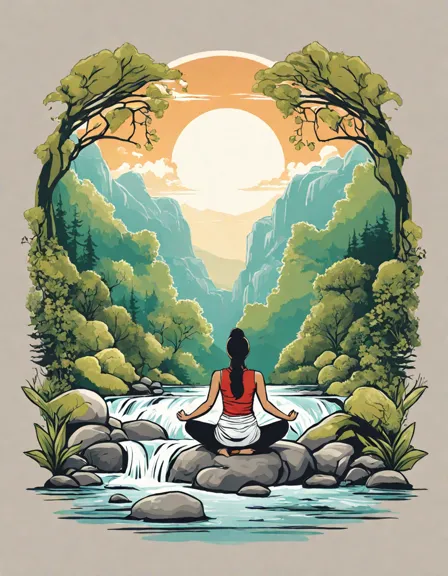 tranquil coloring book illustration featuring a skilled yogi balancing on river rocks amidst soothing nature scenery, perfect for meditative coloring with blues, greens, and earth tones in color