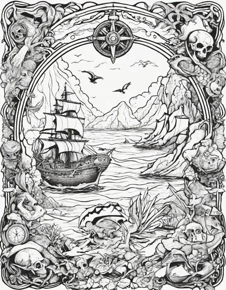 detailed pirate treasure map coloring page with paths, islands, sea creatures, and birds in color