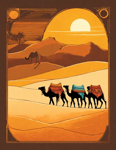 Coloring book image of majestic caravan of camels crossing desert dunes under the sun, with vibrant saddles in color