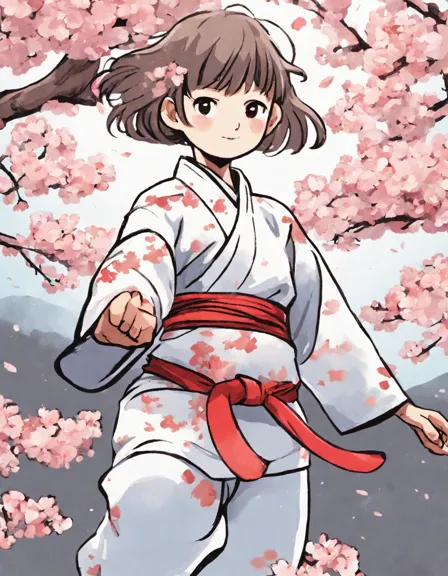 Coloring book image of martial artist performing a high kick in a dojo, surrounded by cherry blossoms in color