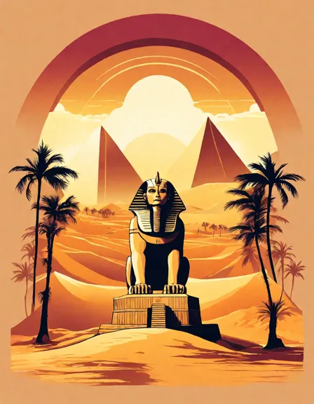 Coloring book image of sphinx stands majestic against the giza sands, with swaying palm trees casting intricate shadows on the golden dunes in color