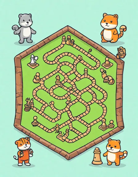 coloring page of a whimsical board game labyrinth featuring chess, monopoly, scrabble, and candy land in color