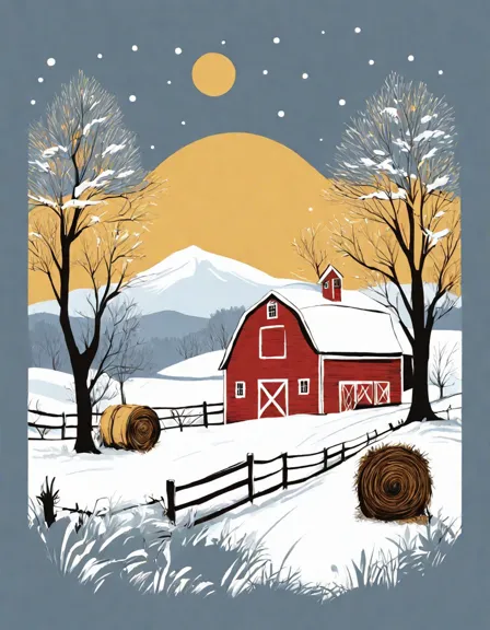 winter farmscape coloring page with snow-laden trees, farmhouse, animals, and rolling hills in color