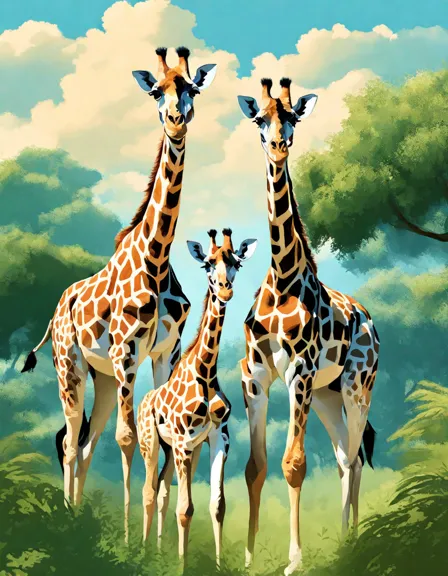 Coloring book image of family of giraffes gathers at an oasis, with the tallest reaching for leaves against a bright sky in color