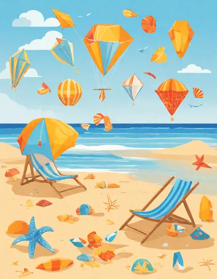 coloring page of kites flying over a beach with families, sunbathers, and beachcombers in color