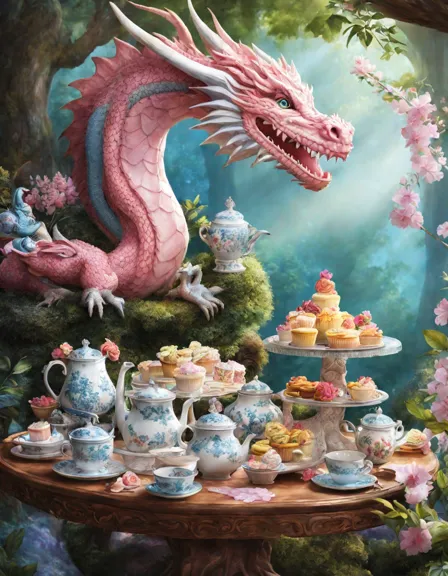 Coloring book image of fantastical dragon tea party in a sunlit glade with detailed dragons and assorted teatime treats in color