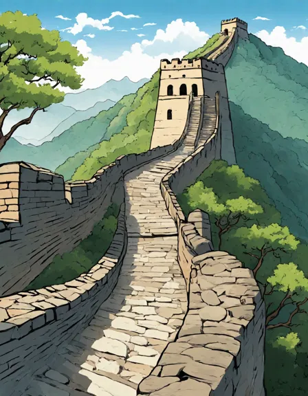 coloring page featuring the great wall of china winding through mountains in color