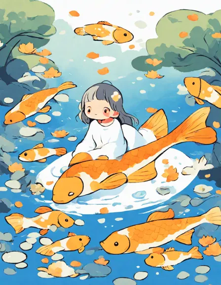 tranquil coloring book sketch: winding stream with lotus flowers, willow trees, and koi fish in gold, orange, and white hues in color