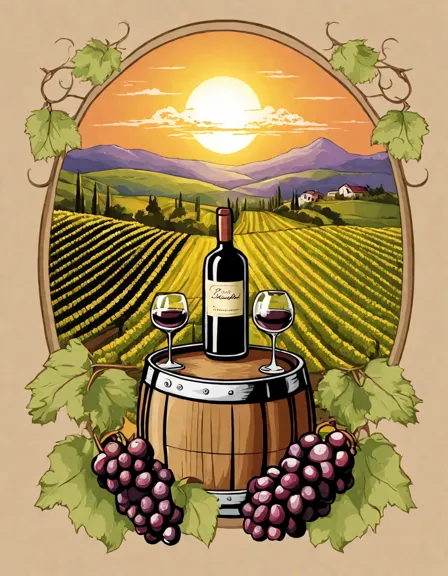 intricate coloring page showcasing the beauty of vineyards and the intricacies of winemaking in color