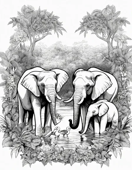 coloring book page featuring a tranquil jungle scene with elephants, giraffes, gazelles, parrots, and toucans at a watering hole in color
