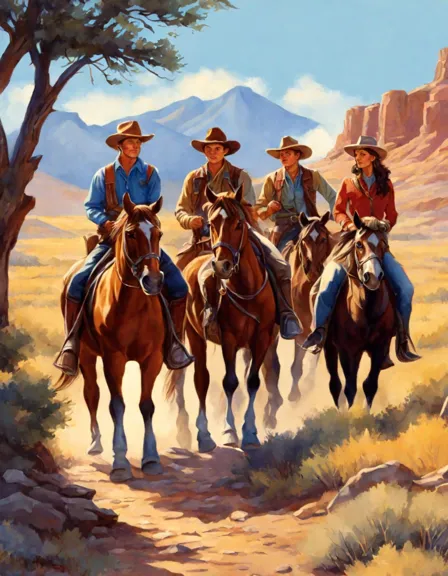 coloring book image of cowboys and cowgirls riding horses through the wild west landscape in color