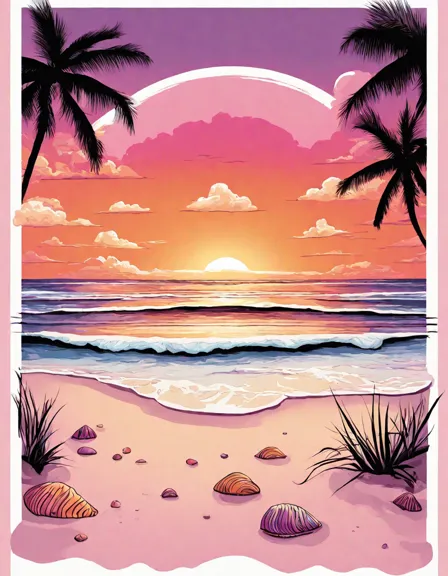 coloring page of a beach sunset with seashells and pebbles, perfect for relaxation and creativity in color