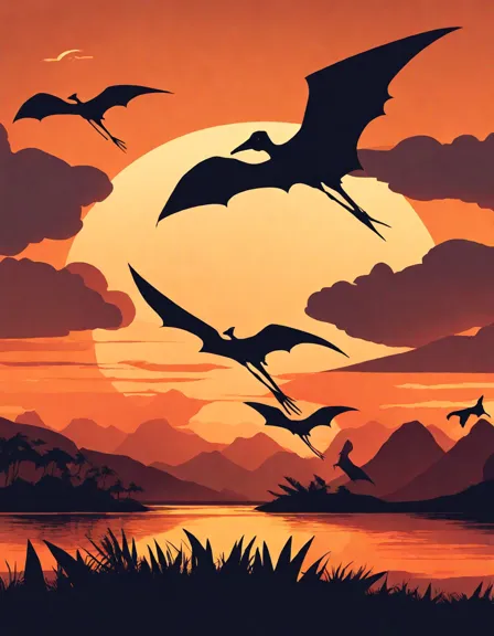 coloring page of pterodactyls flying at sunset with vibrant colors and long shadows in color