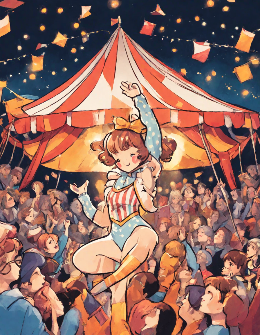 Coloring book image of trapeze artists performing in a circus tent with an enchanted audience below in color