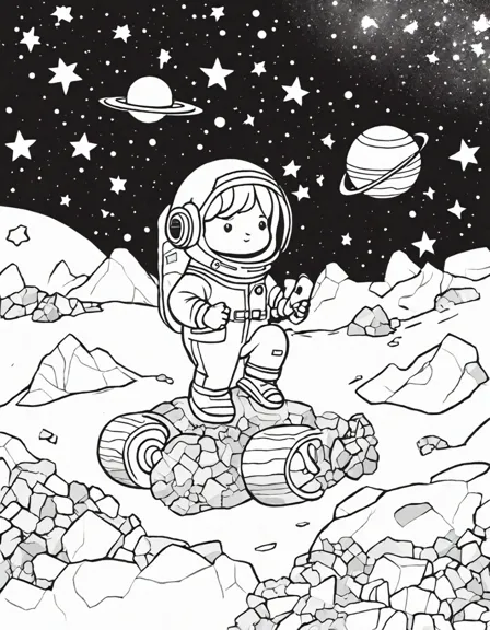 saturn's ring expedition coloring page with astronauts and spacecraft navigating saturn's rings in color
