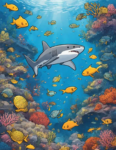 coloring book page of a solitary shark swimming through a pelagic parade of marine life with fish, sea turtles, and coral reefs in color