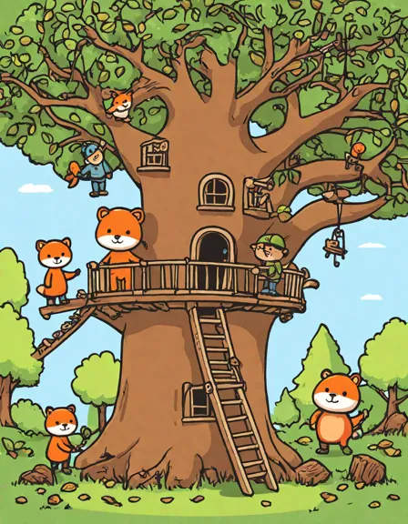 Coloring book image of children and animals build a treehouse in an oak, with ladders, ropes, and tools, featuring whimsical details in color