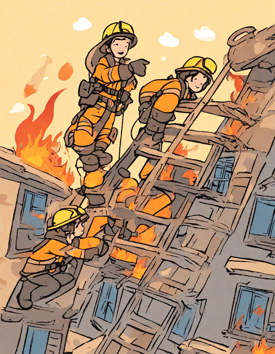 coloring book page of firefighters rescuing people from a blazing building with ladders and ropes in color
