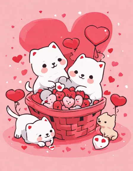 coloring book page with valentine's day puppies in a basket, heart tags, bows, roses, and chocolates in color