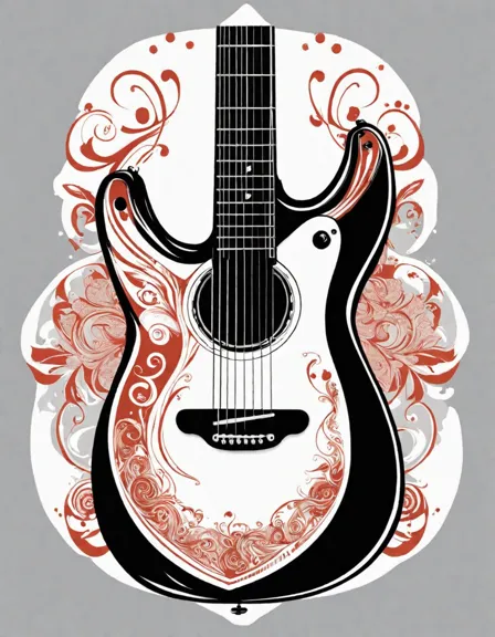 coloring book page featuring a variety of detailed guitars, from acoustic to electric in color