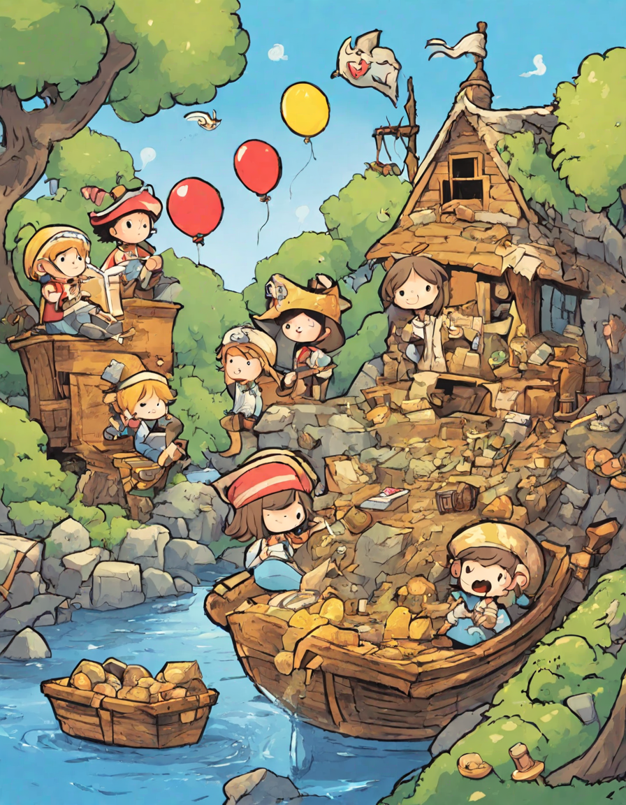 children dressed as pirates on a treasure hunt at a birthday party coloring page in color
