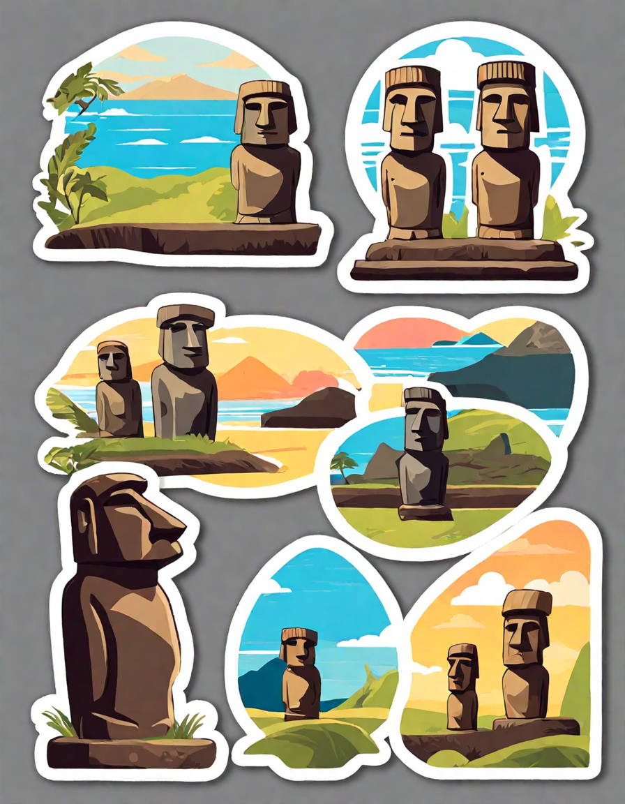 coloring page of easter island's moai statues with ocean and hills backdrop in color