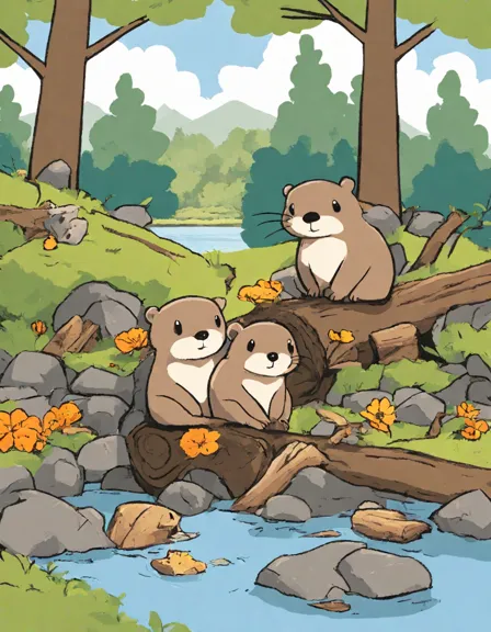 illustration of a beaver family building a dam together, surrounded by nature, for coloring enthusiasts in color