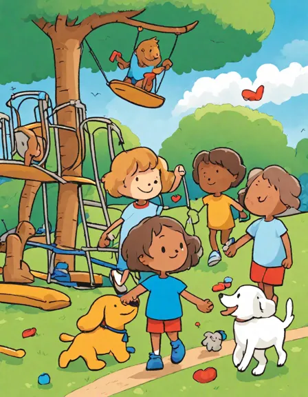 coloring page of children playing on playground with swings, slide, and hopscotch under a tree in color