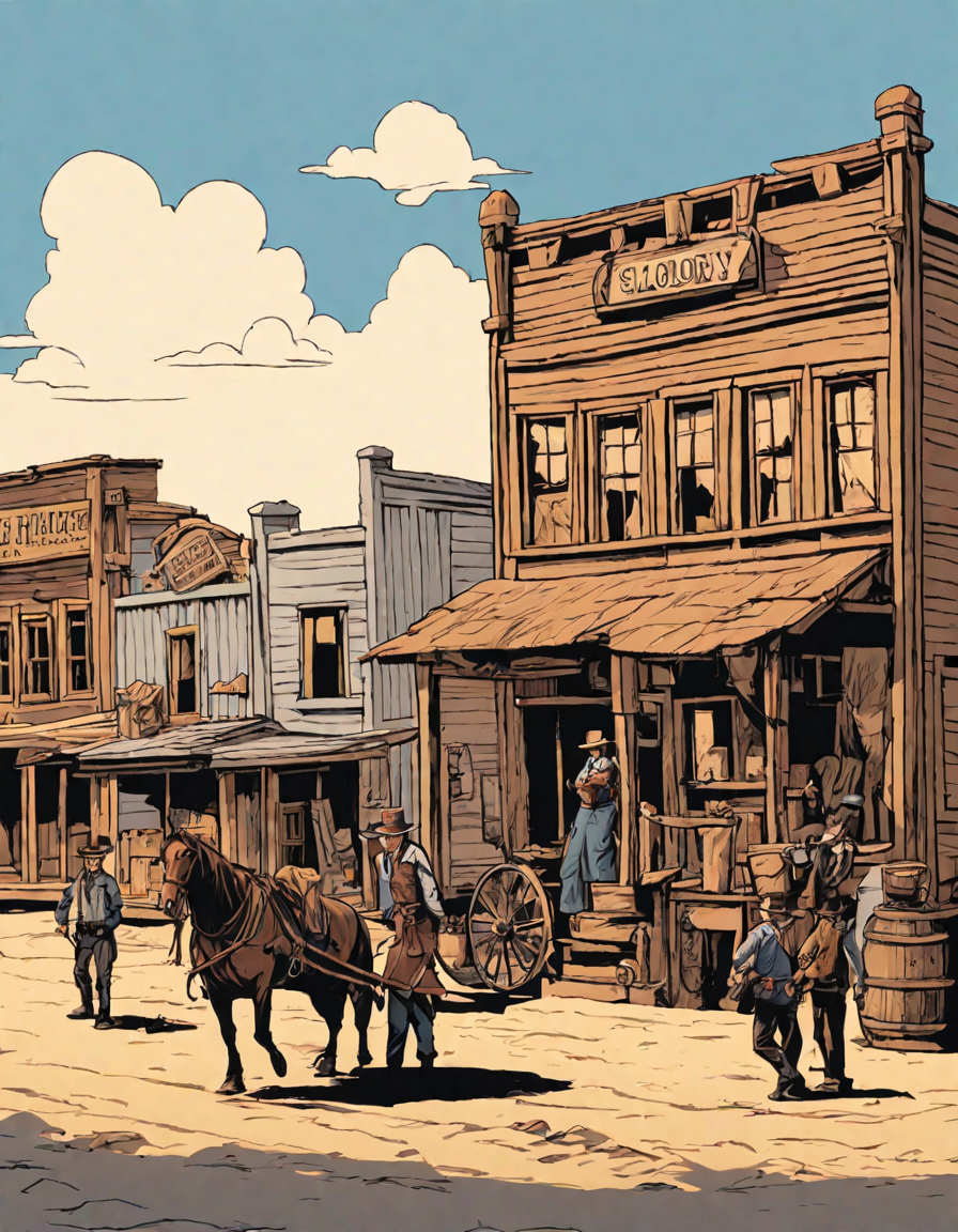 Coloring book image of old west town scene at high noon with cowboys, a cowgirl, and bustling main street activity in color