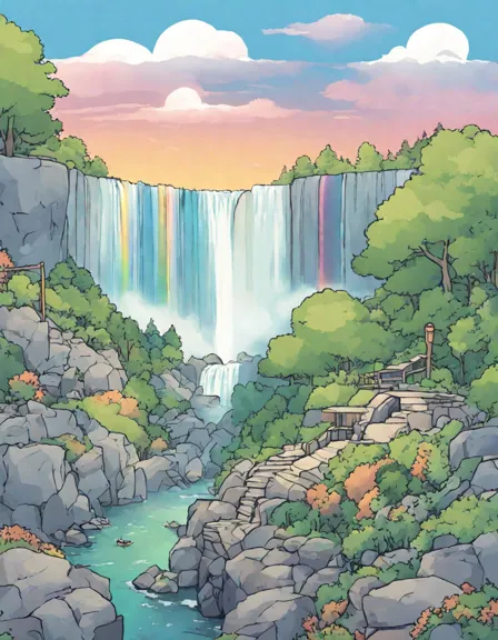 Coloring book image of majestic niagara falls roars over a rocky landscape, emerald green pool, rainbow arching across sky in color