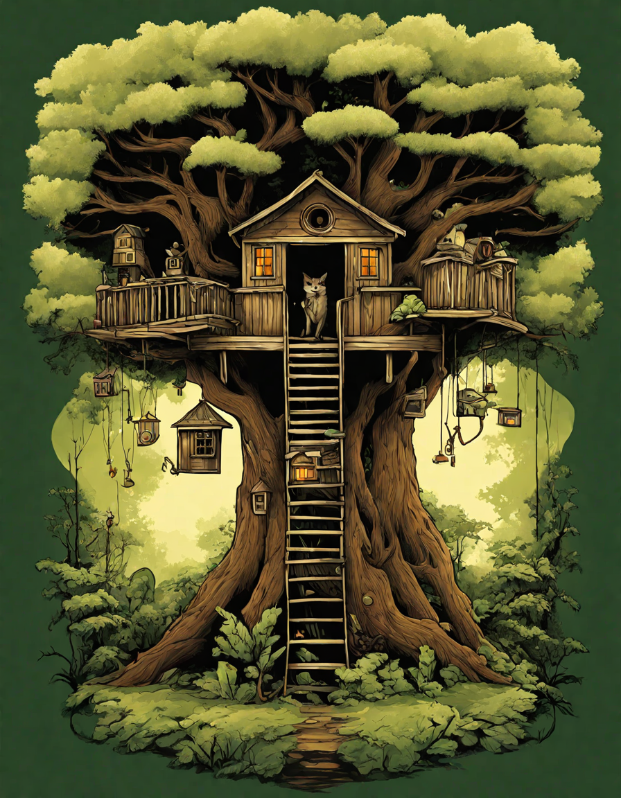 coloring page of treehouse detective agency headquarters in an enchanted forest with adventure clues in color