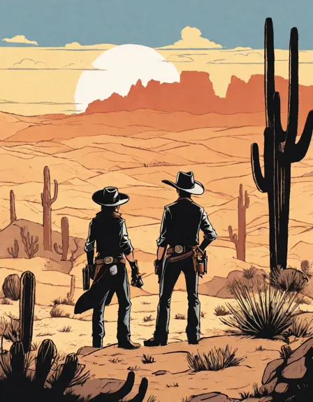 coloring book image of a cowboy duel at dawn in the wild west with cacti and mountains background in color