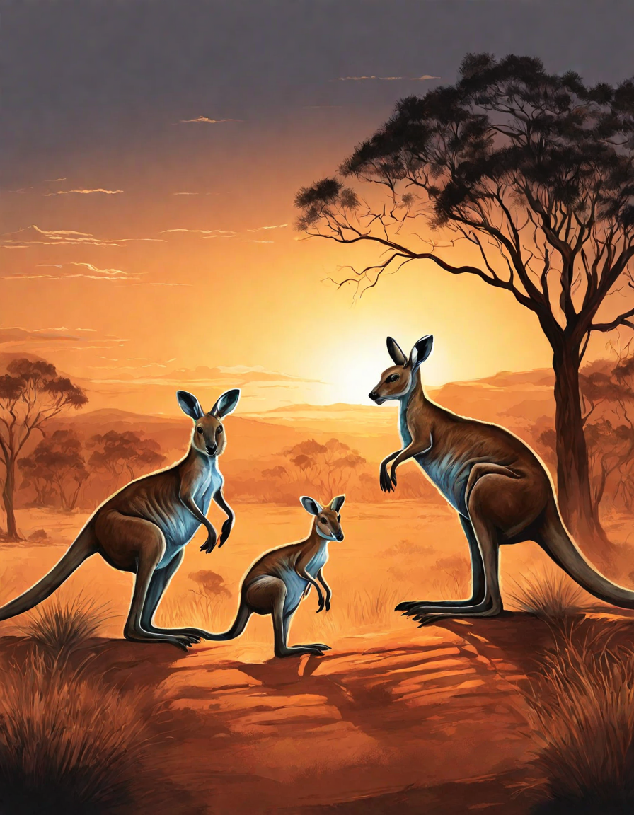 coloring book image of a kangaroo family hopping in the australian outback at dawn in color