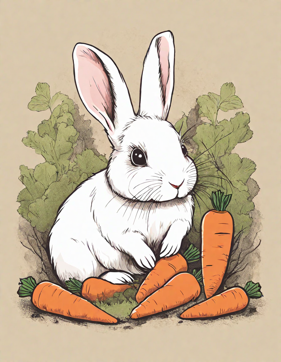 adorable coloring book page featuring fluffy white rabbits eating carrots and curious guinea pigs exploring their surroundings in color