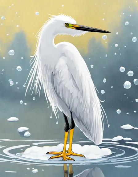 Coloring book image of snowy egret stands poised at the edge of the ice, long, delicate legs wading in icy waters in color