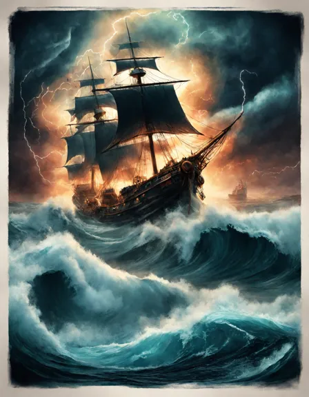 kraken emerging from stormy sea, lightning in the sky, ship in tentacles, coloring book page for artists to bring life to mythic battle in color
