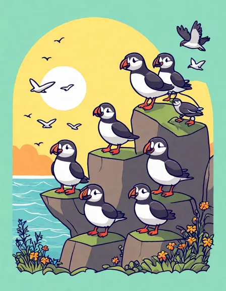 coloring page featuring playful puffins on a seaside cliff with lush greenery and ocean backdrop in color