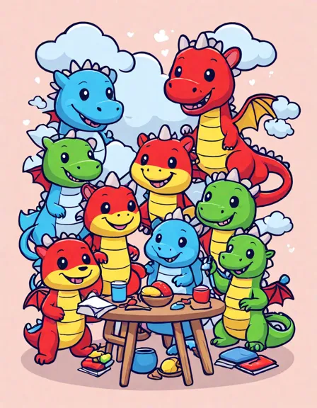 friendly dragons engaging in arts and crafts around a wooden table in a whimsical coloring page in color